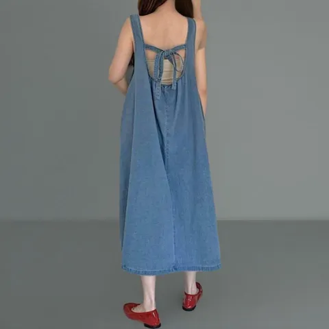 |CHO5598|여성 뒷트임 스트랩 민소매 핀턱 데님 롱 드레스