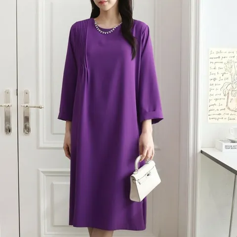 [하프클럽/옷자락]여자 봄 중년 교회 핀턱 목걸이장식 루즈핏 롱 원피스