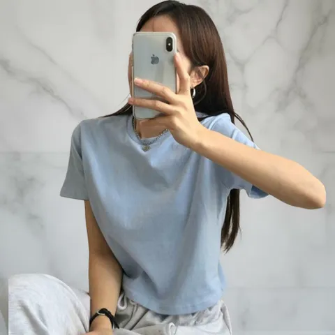 여성 SS 코튼 베이직 티셔츠 반소매 U넥 탱크 티셔츠