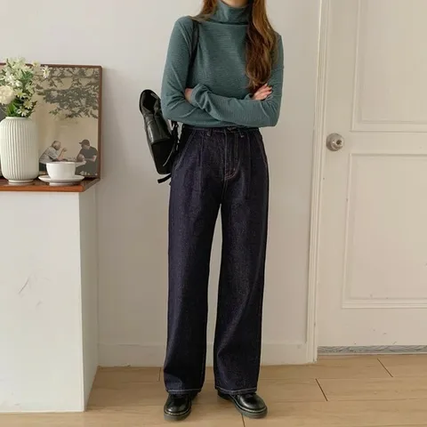 [하프클럽/다잇템]여자 하이넥 잔스트라이프 피치기모 티셔츠