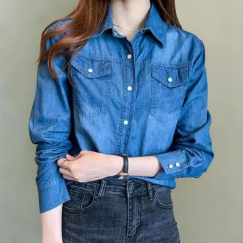 [하프클럽/옷자락]여성 캐주얼 더블포켓 레귤러핏 카라넥 청셔츠
