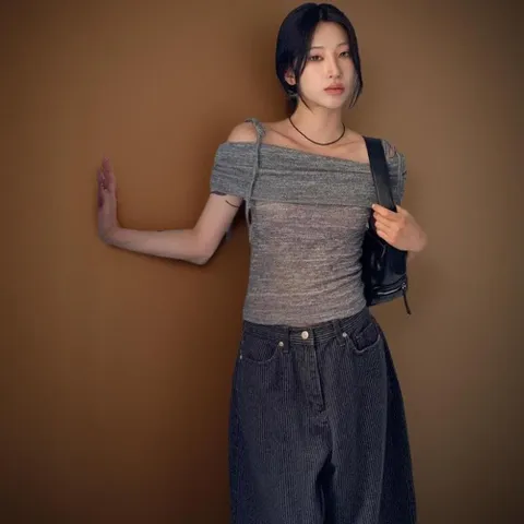 |KHT962C|여성 바캉스 시스루 오프숄더 나시 반팔 니트 셔링 블라우스
