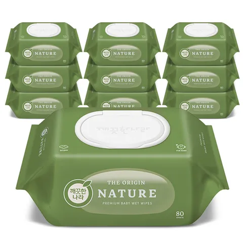 [온누리상품] 깨끗한나라 디 오리진 네이처 물티슈 캡 80매 x 10입