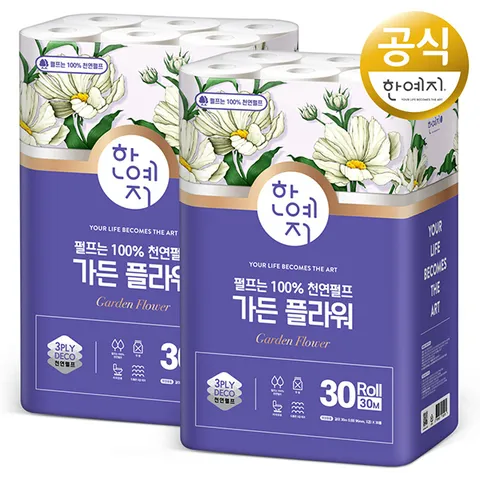 한예지 가든플라워 100%천연펄프 3겹 화장지 휴지 30m 30롤 2팩