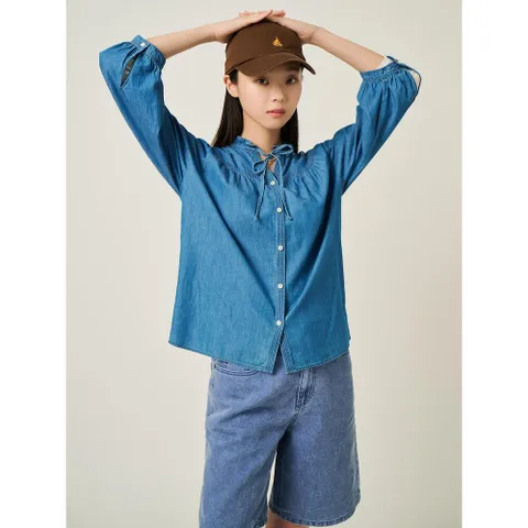 [우수고객전용] [빈폴레이디스] 데님 러플넥 리본 타이 7부 소매 블라우스  블루 (BF5764C57P) +할인쿠폰