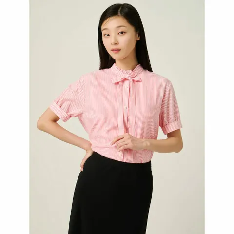 [우수고객전용] [빈폴레이디스] 스트라이프 러플 타이 블라우스  라이트 핑크 (BF5765C51Y) +할인쿠폰