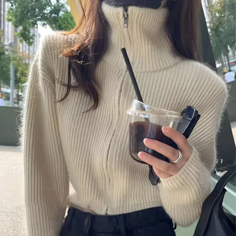 여성용 크롭 따뜻한 폴라 집업 가디건 +할인쿠폰