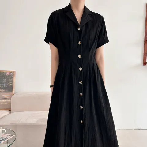 여자 핀턱 카라넥 단추 여름하객룩 나일론 롱원피스_3