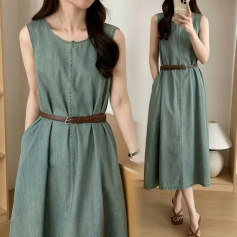 여자 블루 일자핏 벨트포함 민소매 데님 롱 원피스