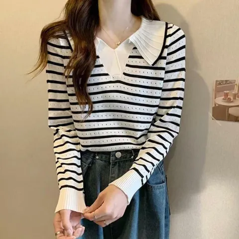 |CCTA796|여성 스트라이프 니트 카라넥 펀칭 슬림 티셔츠