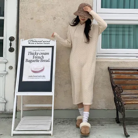|CHO5AE0|여성 캐주얼 후드 꽈배기 롱 니트 드레스