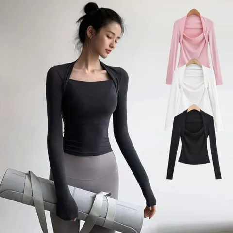 여성 필라테스 트임 스퀘어넥 슬림핏 스포츠 긴팔티