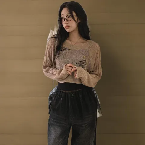 |KHT915A|여성 크롭 긴팔 시스루 빈티지 니트 데미지 디자인