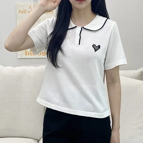 H스타일(DK)하트카라니트티 여름 여성 반팔 니트티셔츠 카라 +할인쿠폰
