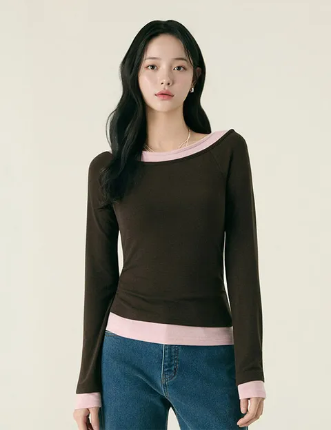 [현대백화점] [로엠]배색 레이어드 티셔츠_RMLWF4VRT1