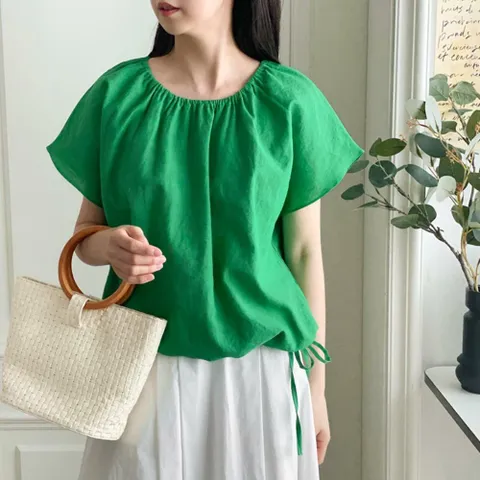 여자 여름 쿨 린넨 코튼 셔링넥 반팔 루즈핏 블라우스
