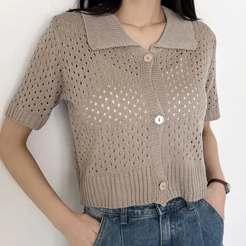 여자 여름 스윗 펀칭 카라반팔니트가디건