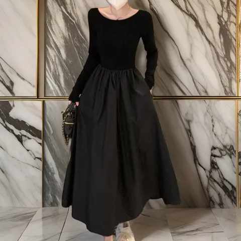 여성 A라인 심플 올블랙 데일리 롱원피스