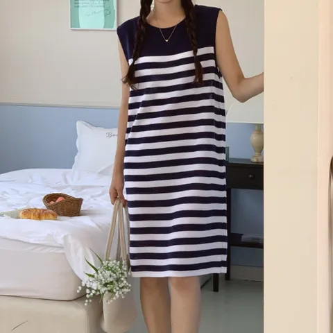 여자 봄 여름 클래식 라운드 단가라 민소매 원피스