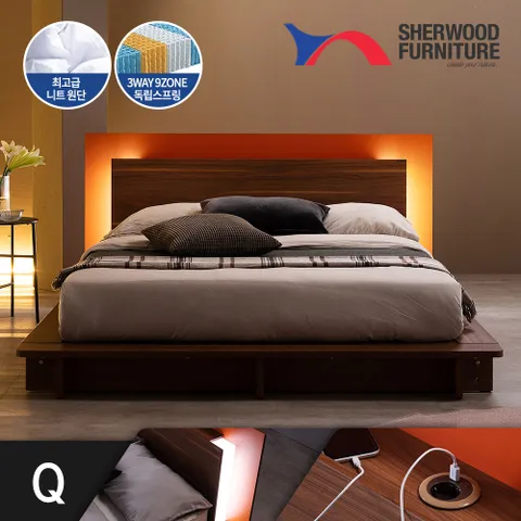 [쉐우드가구] 카운티 호텔 평상형 LED침대 Q퀸/K킹(하이 유로탑 매트/디자인 협탁 1EA)