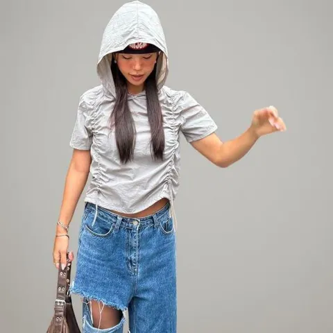 아트박스/신상오픈런 여성 여름 나일론 후드 크롭 반팔 셔링 디자인 +할인쿠폰