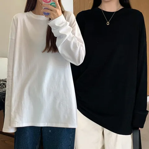 티셔츠 여성 기본 스타일 패션 라운드넥 긴팔 무지