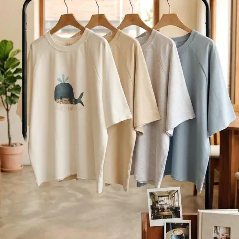 여자 나염 반소매 고래 순면 클래식 라운드 SS 티셔츠
