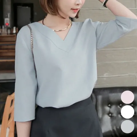 블라우스 브라우스 셔츠 긴팔 여자 브이넥 오피스룩 티셔츠 7부 v넥