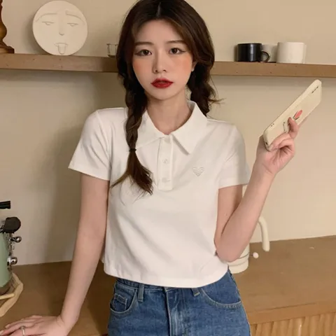 반팔 티셔츠 반팔티 여자 3컬러 러블리 무드 가득한 크롭 카라 반팔티셔츠