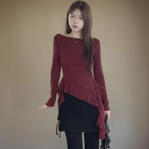 |KHT9C55|여성 클래식 프릴 언발란스 슬림핏 보트넥 롱슬리브 니트