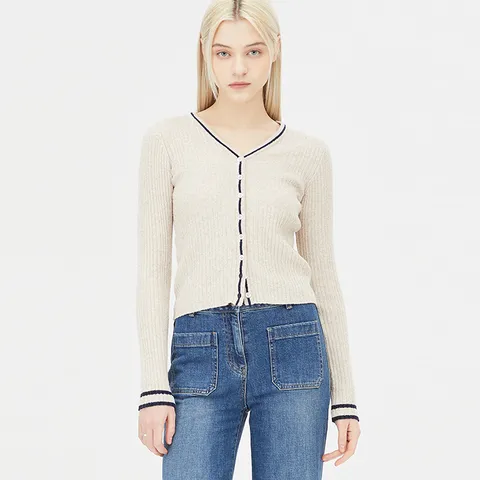 [시슬리] 투톤 배색 슬림 니트 가디건_SAKC09411BE +할인쿠폰