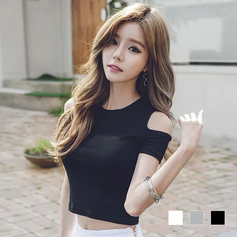 여자 캐주얼 어깨트임 라운드 크롭 티셔츠 SDW-TSH-SSD220526