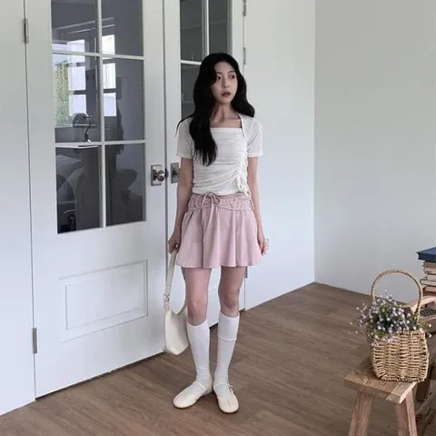 아트박스/신상오픈런 여성 스퀘어넥 슬림핏 트임 반팔 사선 셔링 +할인쿠폰