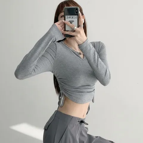 |CCTA16B|여성 슬림핏 브이넥 사이드 스트링 롱슬리브 티셔츠