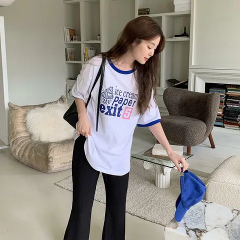 |KHT95C6|여성 루즈핏 반팔티 나염 배색 라운드넥 스포츠 티셔츠