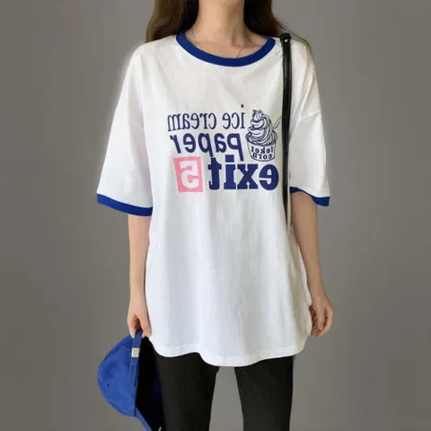 |KHT95C6|여성용 루즈핏 반팔 라운드넥 스포츠 티셔츠 나염 배색 디자인