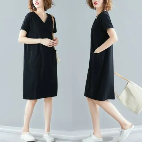 [하프클럽/옷자락]여자 여름 무지 코튼 데일리 브이넥 반팔 원피스