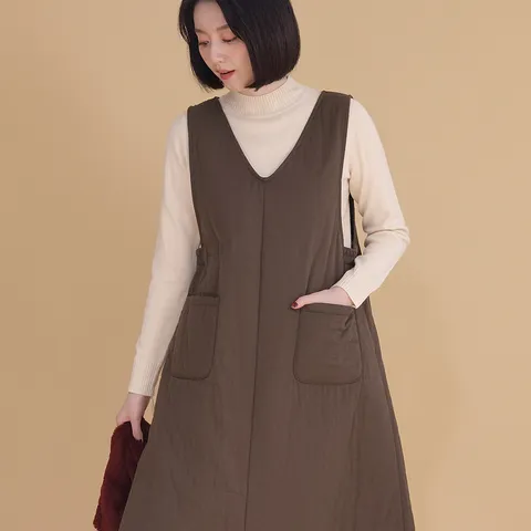 애비뉴투지 엄마옷 브이 솜 패딩 여성 겨울 조끼 주머니 롱 A라인 원피스 K12239 50대 60대 중년여성 - 현대Hmall