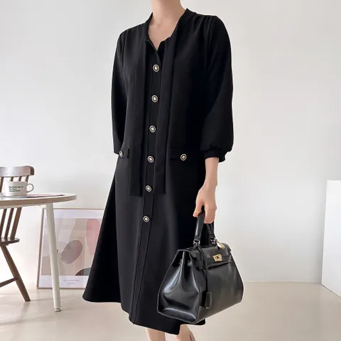 여자 가을하객룩 리본 상견례룩 A라인 단추 롱원피스