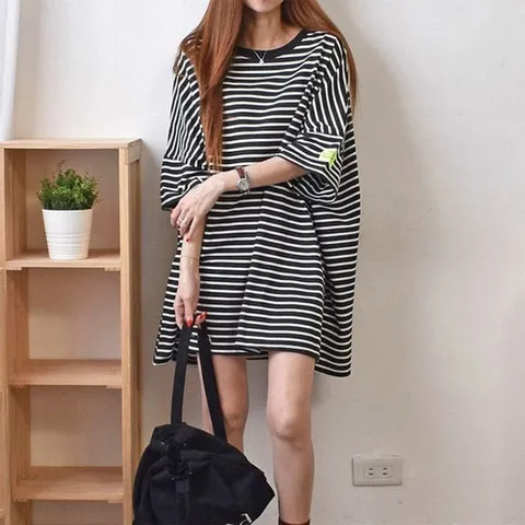 티셔츠 여성 엉덩이덮는 반팔 롱티셔츠 박스티 스트라이프