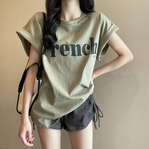 티셔츠 여성 크롭티 프렌치 말림 루즈핏 반팔티셔츠