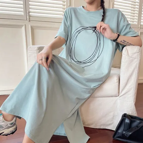 원피스 OPS 드레스 편한 여성 면 루즈핏 동그라미 롱 롤업 반팔