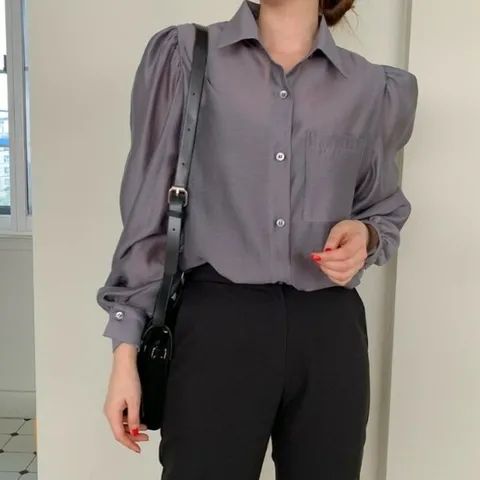 [하프클럽/다잇템]여자 비침 벌룬 소매 SS 카라 블라우스