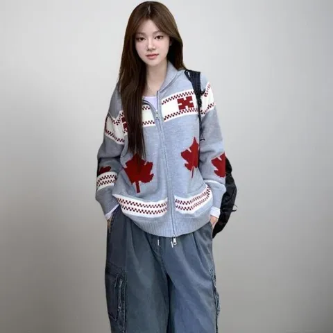 아트박스/신상오픈런 여성 루즈핏 긴팔 집업 니트 패턴 키치무드 +할인쿠폰