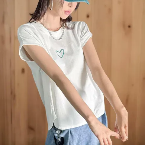 |KST96AD|여성 하트 프린트 캡소매 라운드넥 루즈핏 티셔츠