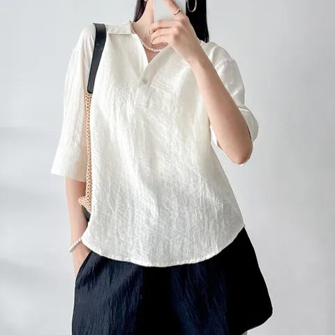 여자 오픈넥 박시 칠부 싱글버튼 린넨남방 블라우스