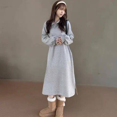 |KHO58B6|여성 오버핏 롱 원피스 기모 안감 심플 카라 넥 디자인 +할인쿠폰
