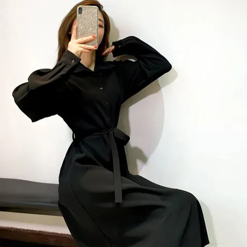 원피스 OPS 홈웨어 깔끔한 올블랙 칼라 허리끈 카라 롱