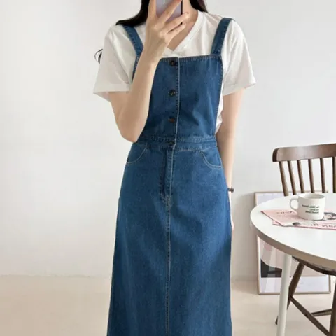 |CCO53DF|여성 비스코스 데님 롱 멜빵 원피스 코튼 절개 디자인