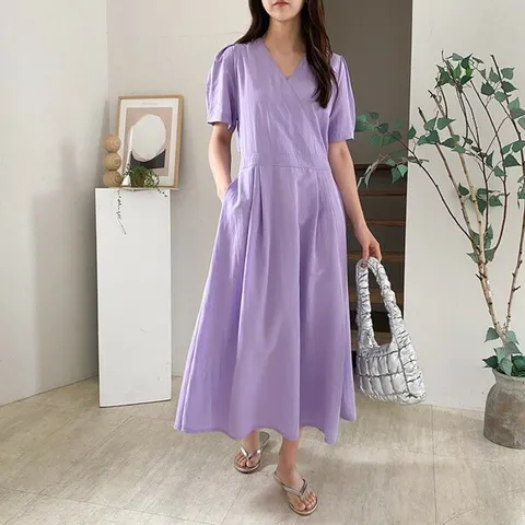 [하프클럽/옷자락]여자 브이넥 랩 반팔 퍼프 소매 허리 핀턱 롱 원피스